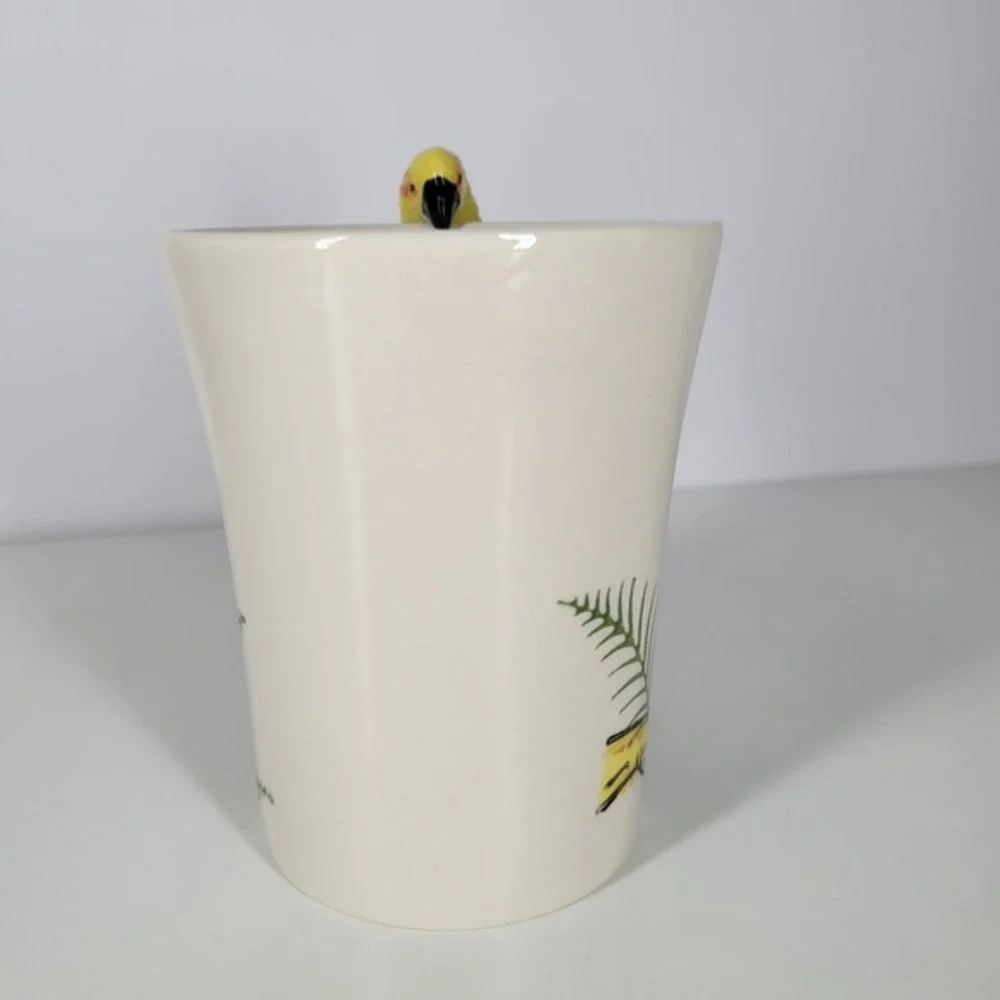 Pier 1 Imports Parrot Handle Mug Handpainted Stoneware Tropical Bird Coffee Cup